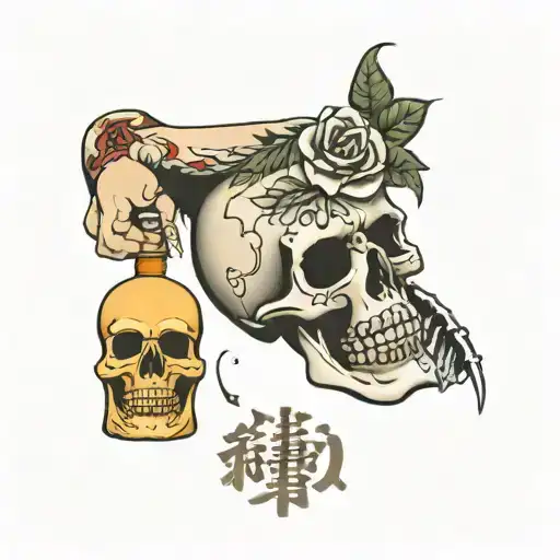 on the elbow area of a arm, japanese waves with a small beer bottle floating and a medium size Mexican skull with roses  tattoo design idea