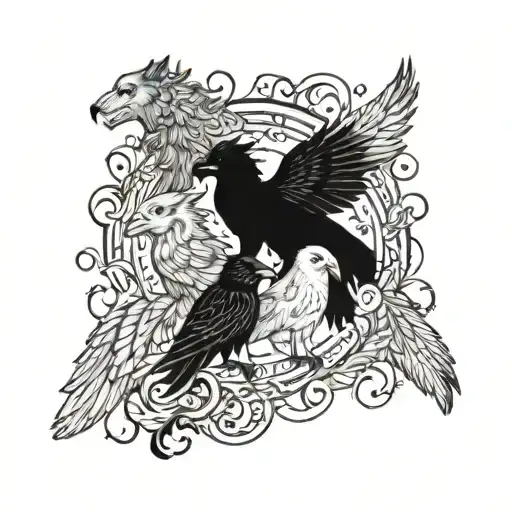 A tattoo design featuring all four of your favorite mythical creatures (wolf, phoenix, raven, and griffin) intertwined to represent your children, each creature symbolizing a different aspect of their personalities or traits tattoo design idea