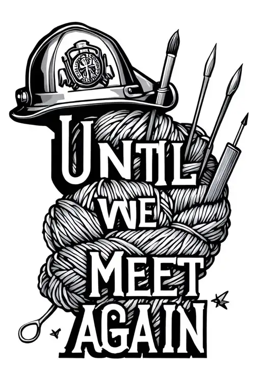 "Until we meet again" firefighters helmet and yarn with needles tattoo design idea