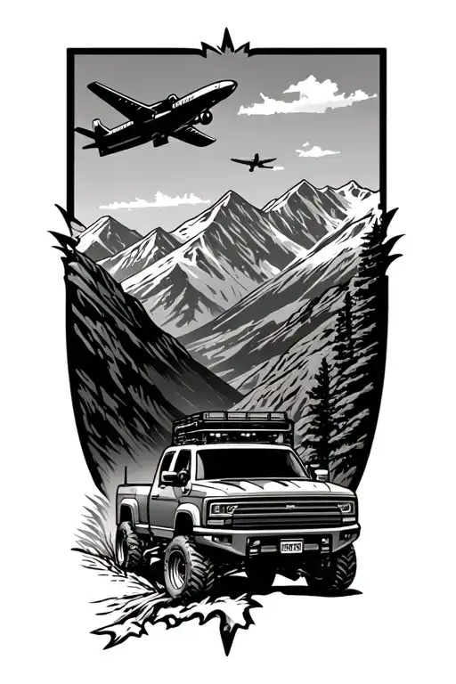 An adventurous pickup truck driving through a mountain range with a airplane flying in the background tattoo design idea