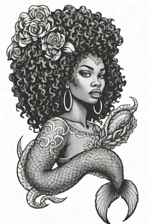 black girl mermaid with afro tattoo design idea
