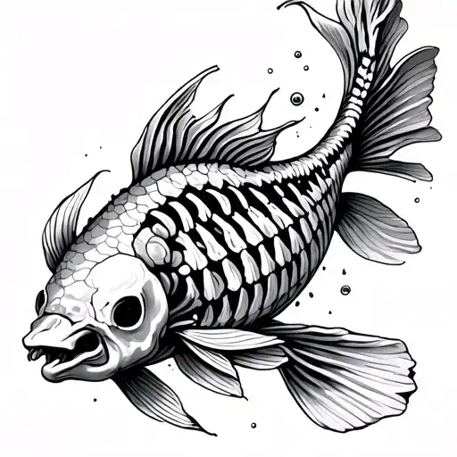 koi fish with tail turning into skeleton and disintegrating  tattoo design idea