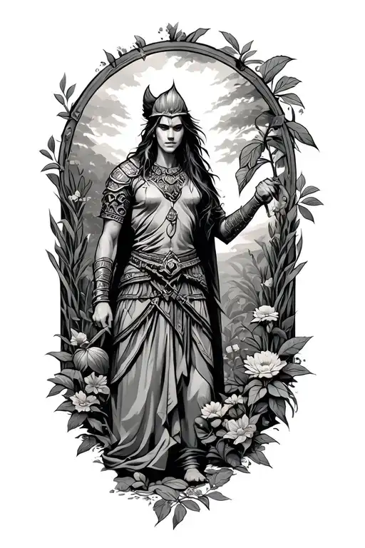 warrior in a garden scene tattoo design idea