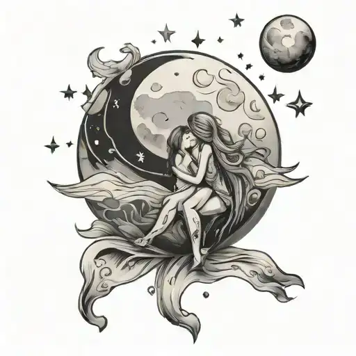 matching love you to the moon tattoo design idea