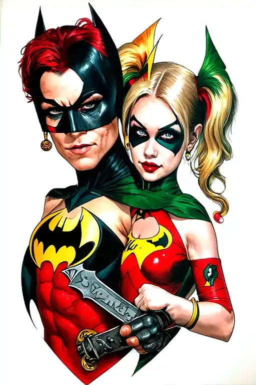 batman robin harley quinn holding a halligan tattoo design idea