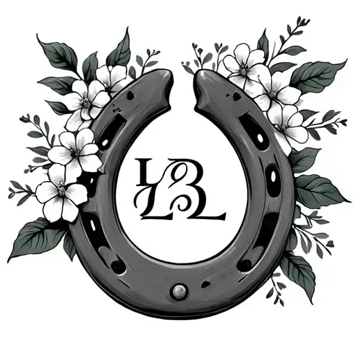 horse shoe with flowers and the letters L B L written in cursive through it tattoo design idea