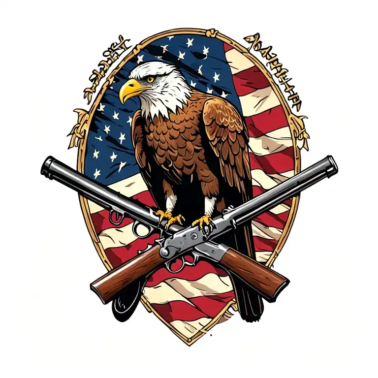 Bald Eagle perched on 2 old muskets crossed like an X with an American flag waving in the background. tattoo design idea