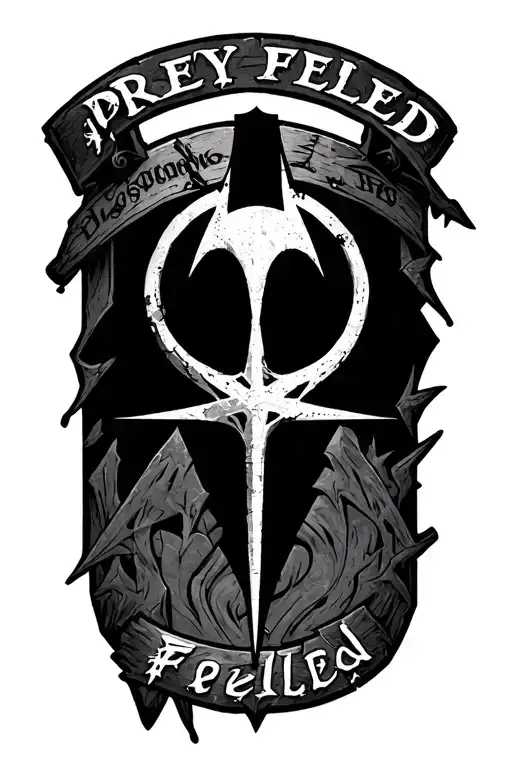 I want the Elden Ring Symbol as well as the Hunter's Mark from Bloodborne with the text "Prey Felled" Below them tattoo design idea