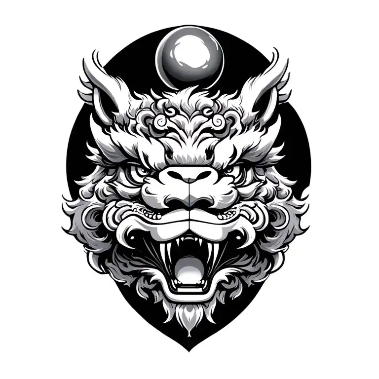 Chinese foo dog with orb symbolizing power tattoo design idea