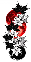 Japanese style maple leafs cherry blossoms black and amber shading cloud background with red moon and background swirls  tattoo design idea