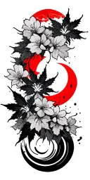 Japanese style maple leafs cherry blossoms black and amber shading cloud background with red moon and background swirls  tattoo design idea
