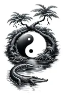 tree of life, ying yang, water, crocodile swimming in a tropical tattoo design idea