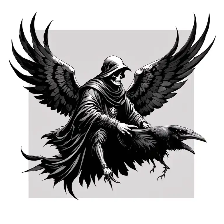Grim reaper with raven feathers for wings. Flying down to earth collecting souls, fying through the air around him. wing tattoo design idea