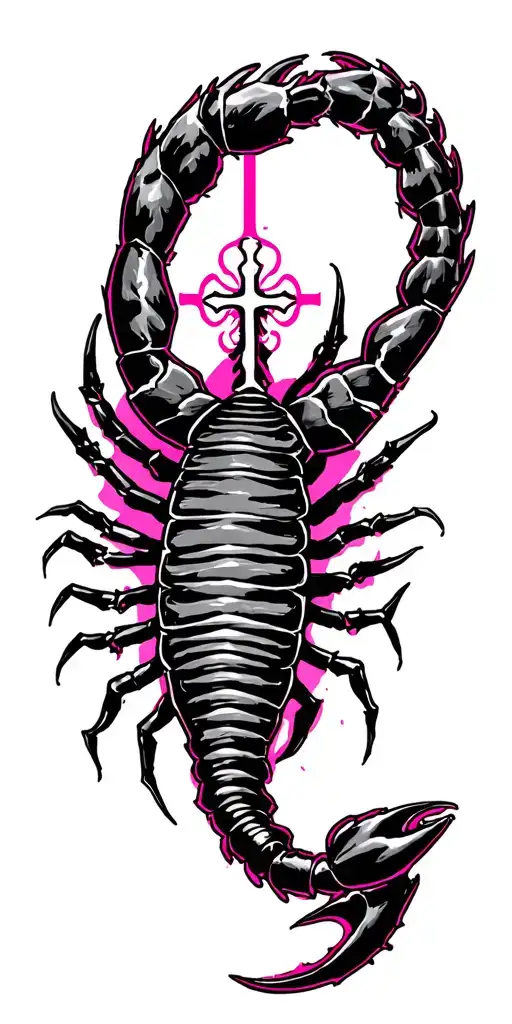 Scorpion pink Christian cross tattoo design idea