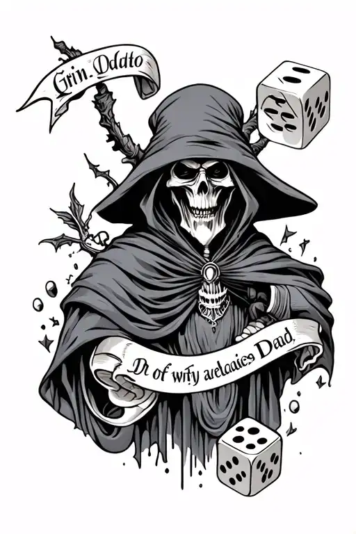rolling dice with banner memory of my deceased dad with grim reaper  tattoo design idea