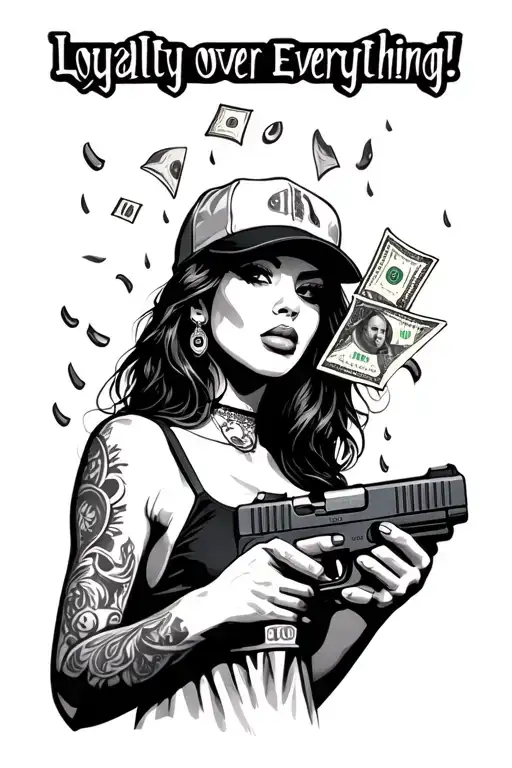 "Loyalty over Everything" gangster chick holding a mac 10 raining cash tattoo design idea