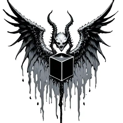 gothic demon wings spread black cube in middle tattoo design idea