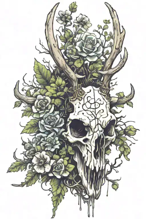 half decayed deer skull with moss flowers and mushrooms  tattoo design idea