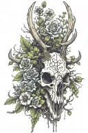 half decayed deer skull with moss flowers and mushrooms  tattoo design idea