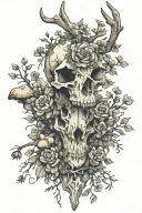 half decayed deer skull with moss flowers and mushrooms  tattoo design idea