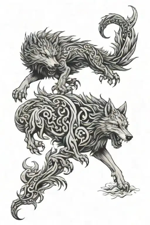wolf & welsh dragon & fire & ocean tattoo design idea