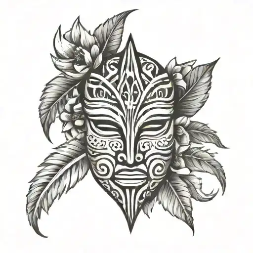easy to draw wooden tribal mask with a flower background tattoo design idea
