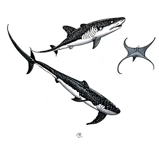 whale shark and humpback whale and manta ray swimming tattoo design idea
