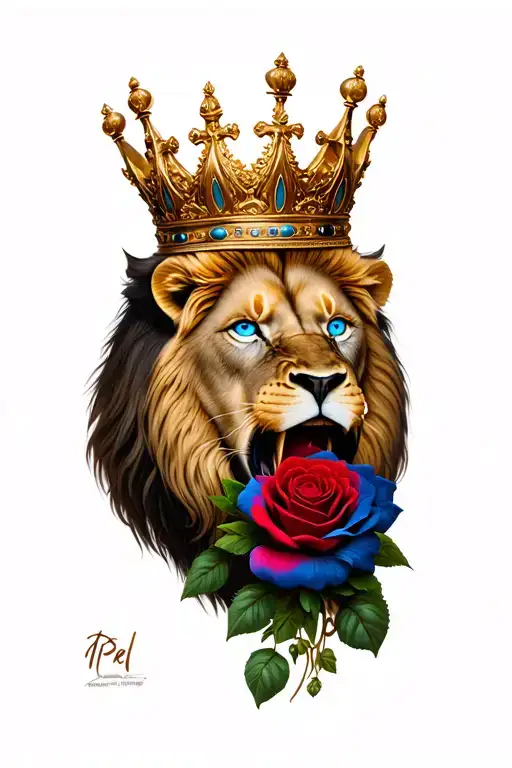 3D half-sleeve: roaring crowned lion with blue eyes, wide face, red-blue rose; bold, lifelike, royal. tattoo design idea