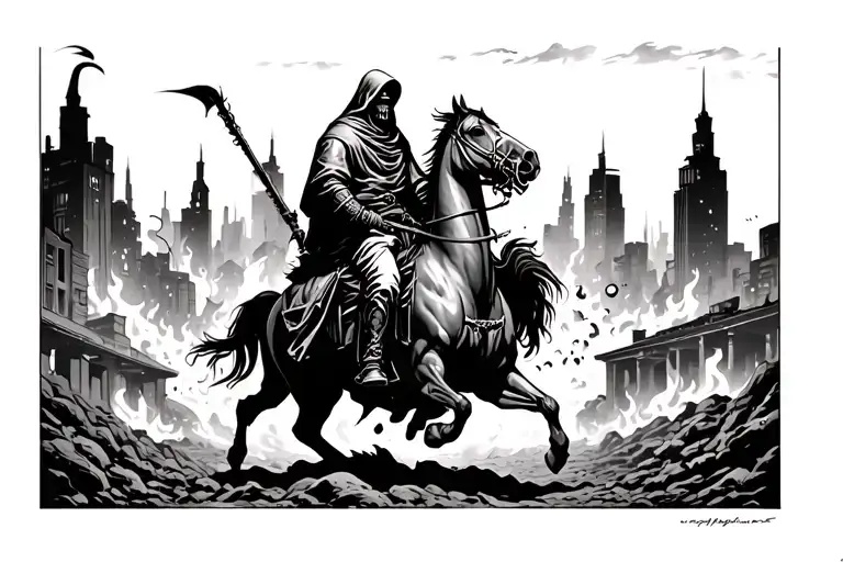 burning apocalypse ground city landscape with grim reaper on horse in background  tattoo design idea