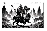 burning apocalypse ground city landscape with grim reaper on horse in background  tattoo design idea