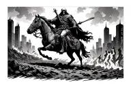 burning apocalypse ground city landscape with grim reaper on horse in background  tattoo design idea