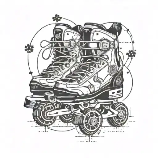 A technical blueprint-style design of inline skates with dog paw prints tattoo design idea