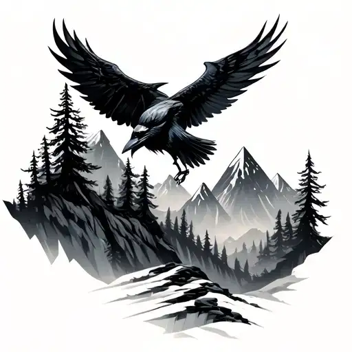 geometric forest with mountains and raven with spread wings tattoo design idea