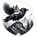 geometric forest with mountains and raven with spread wings tattoo design idea