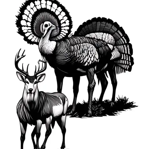 Predator looking at hunting trophies, a whitetail buck, a pronghorn antelope, a male Merriam's Turkey tattoo design idea
