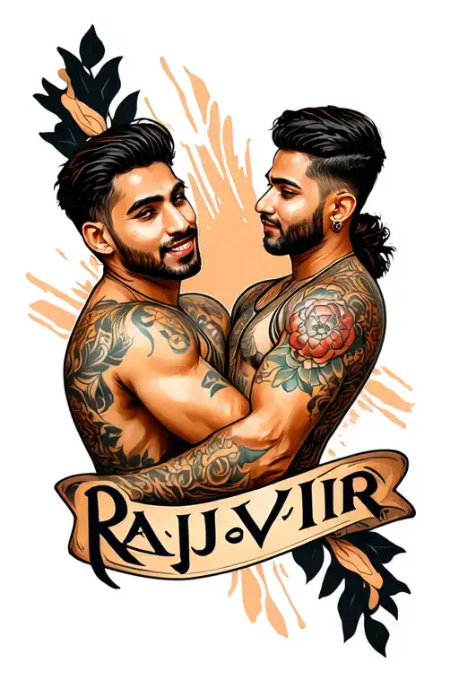 Arm tattoo design with the name 'Rajvir' in bold fonts,Two brothers bonding tattoo design idea
