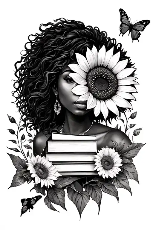 sunflower, lioness , books, butterflies african woman tattoo design idea