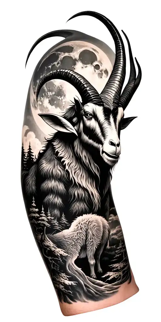 a highly detailed arm sleeve tattoo with an evil black phillip the goat who's horns shape the moon, with trees tattoo design idea