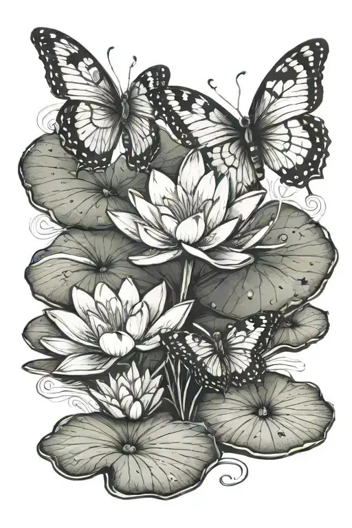 lily pad with 3 butterflies  tattoo design idea