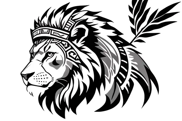 realistic lion side profile wearing aztec warrior tattoo design idea