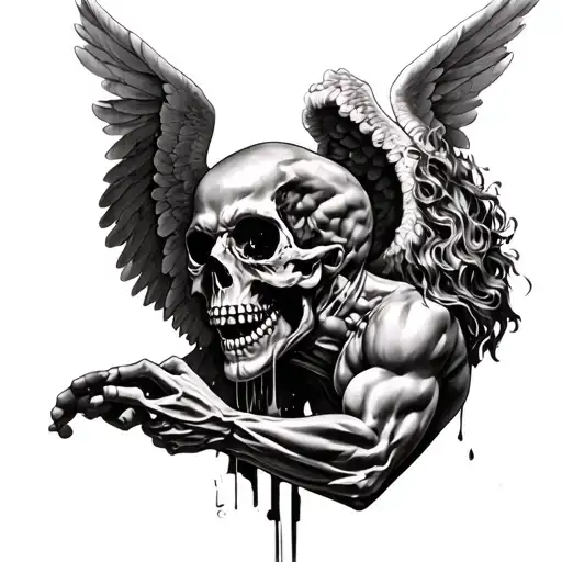 skull angel worrier fighting to his last breath  tattoo design idea
