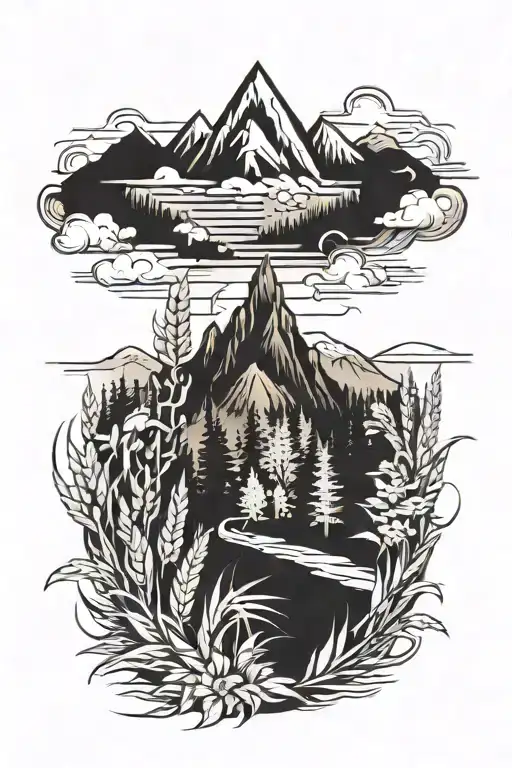 forested mountains with burning cornfield in the middle tattoo design idea