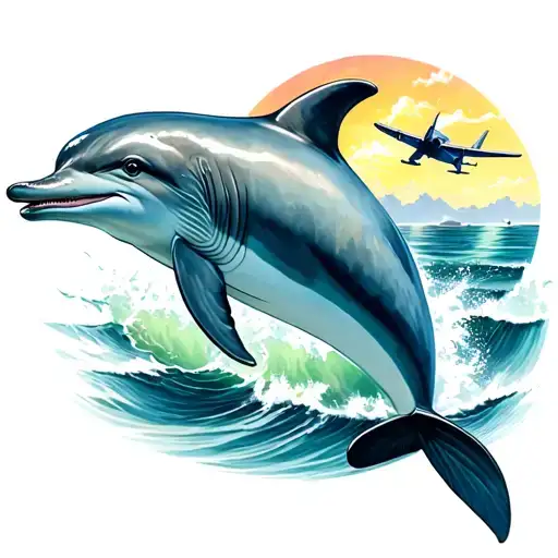 dolphin in the ocean with a plane flying in the sky tattoo design idea