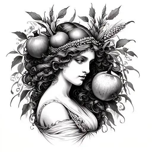 Art nouveau (Alphonse mucha) style image of Persephone with pomegranates and corn stalks  tattoo design idea