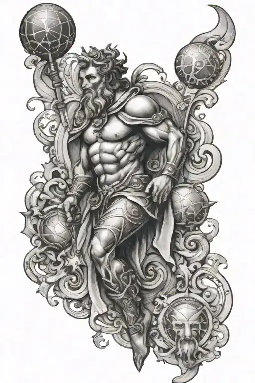 Leg sleeve tattoo featuring roman gods neptune, mercury, and mars  tattoo design idea