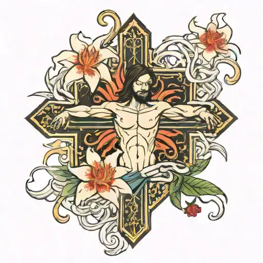 Spider Lilly Flower and Jesus on the cross intertwined tattoo design idea