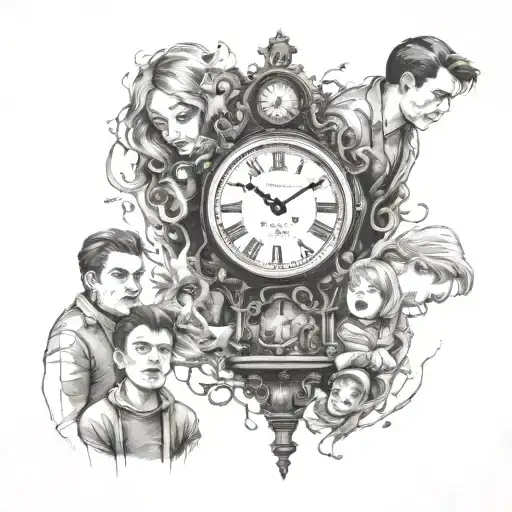 A man goes to a broken clock and the family members watch him tattoo design idea