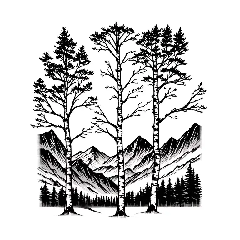 birch trees with mountains in the background tattoo design idea