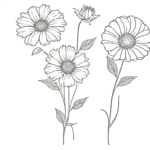 fine line tattoo black and white, with a daisy flower in the middle and two Morning glory flowers on the side in bouquet tattoo design idea