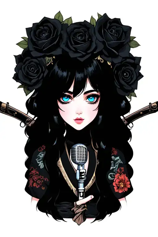 one girl with blue eyes has black hair and she is pirates with muskets black roses and a microphone and a fishing pole tattoo design idea